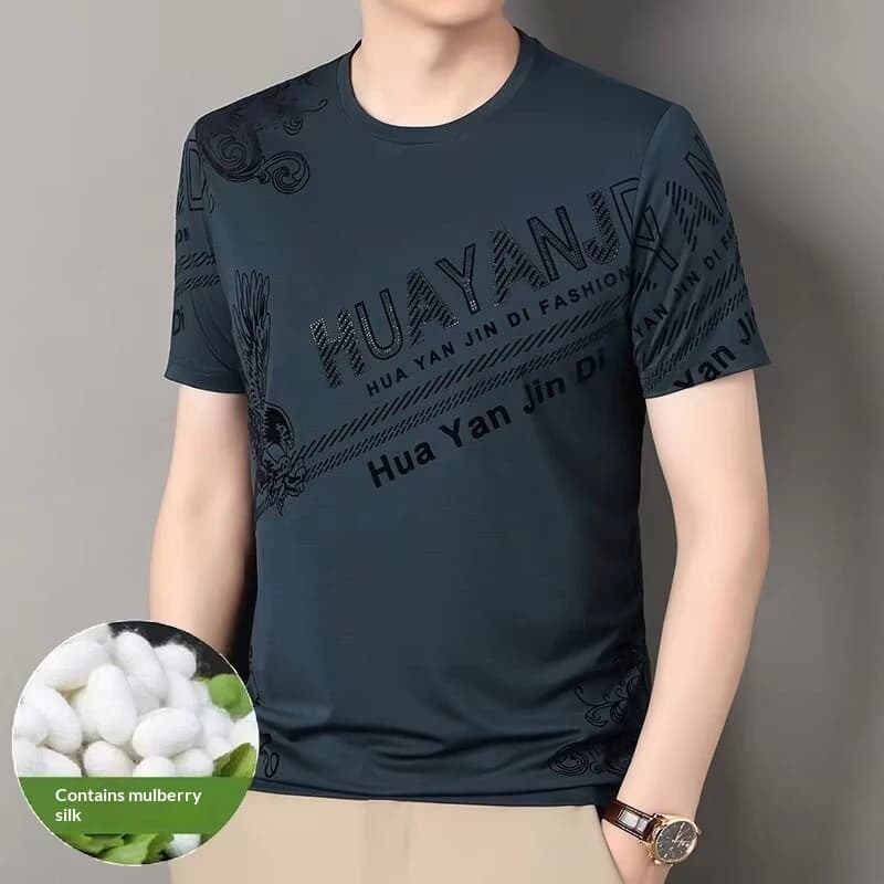 Áo thun nam ngắn tay thời trang mùa hè cổ tròn in hình lụa băng thoáng khí