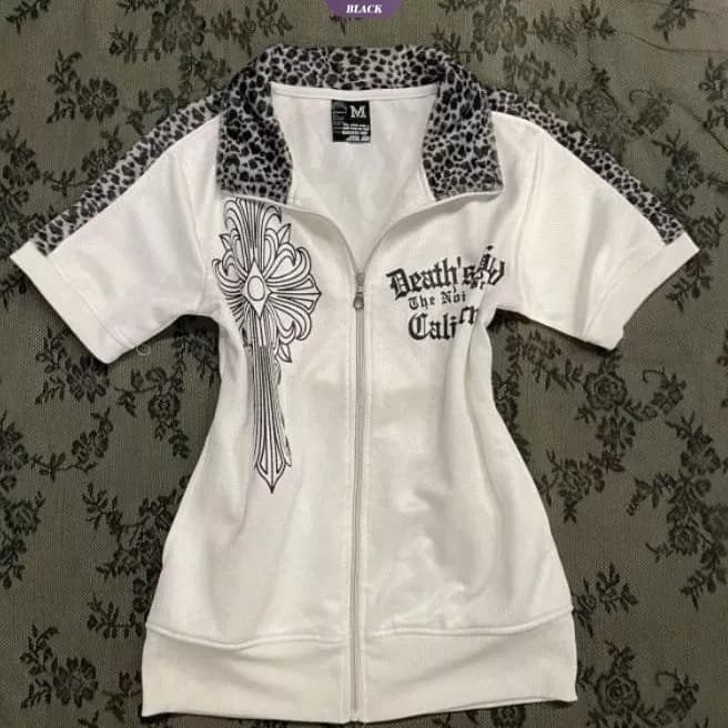 Subculture Y2K Áo thun Cardigan ngắn tay in họa tiết da báo dành cho nữ kiểu Mỹ cổ điển được trang bị hàng đầu hợp thời trang [BL]
