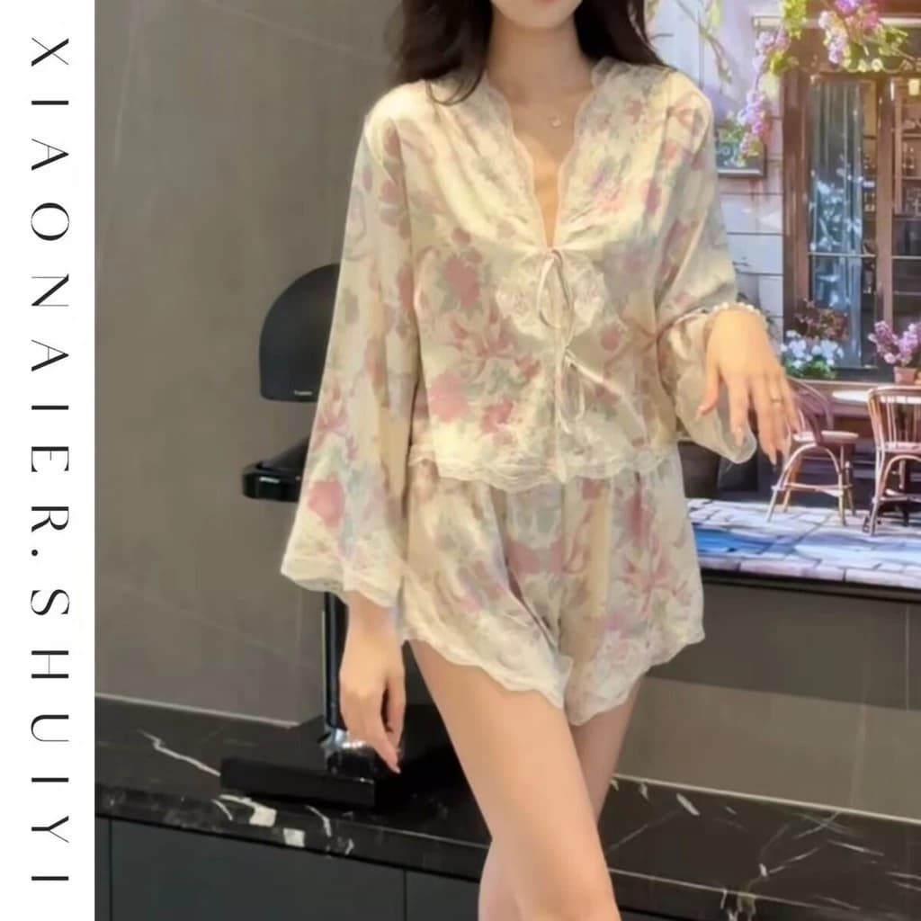 TEEFENG Bộ Đồ Ngủ Nữ Lụa Cao Cấp Mùa Hè Dài Tay In Ren Loungewear
