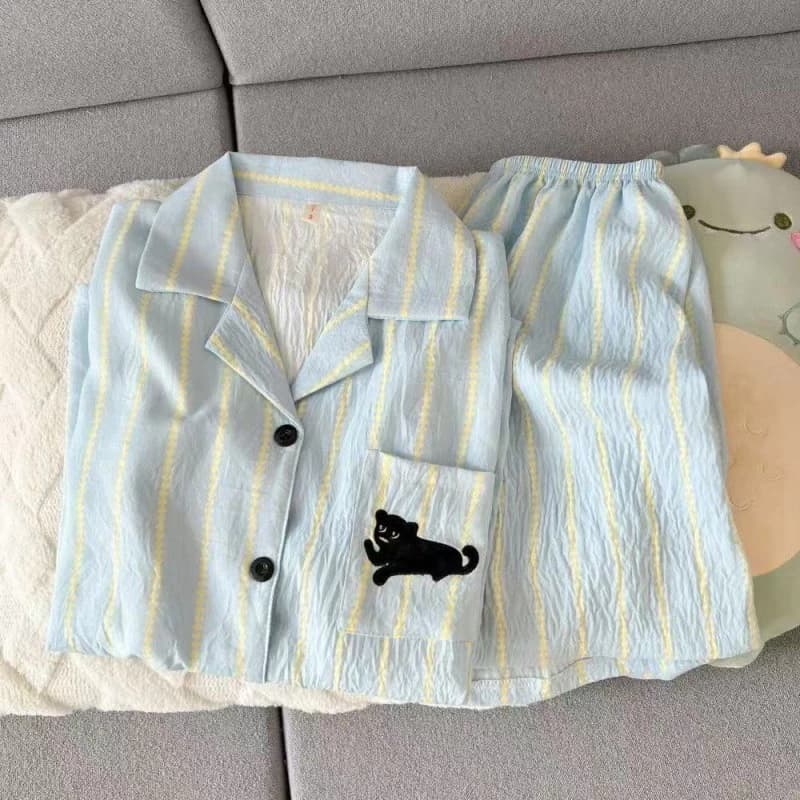 Mây Cotton Bộ Đồ Ngủ Nữ Mùa Hè Ngọt Ngào Hoạt Hình Sọc Ngắn Tay Quần Short Mỏng Thường Ngày Loungewear Phù Hợp Với