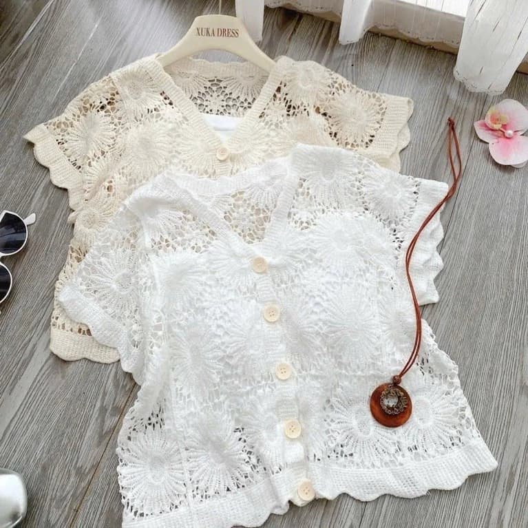 Set Áo Khoác Ren Móc Phối Áo Hai Dây Lót Trong Phong Cách Hàn Quốc ✨