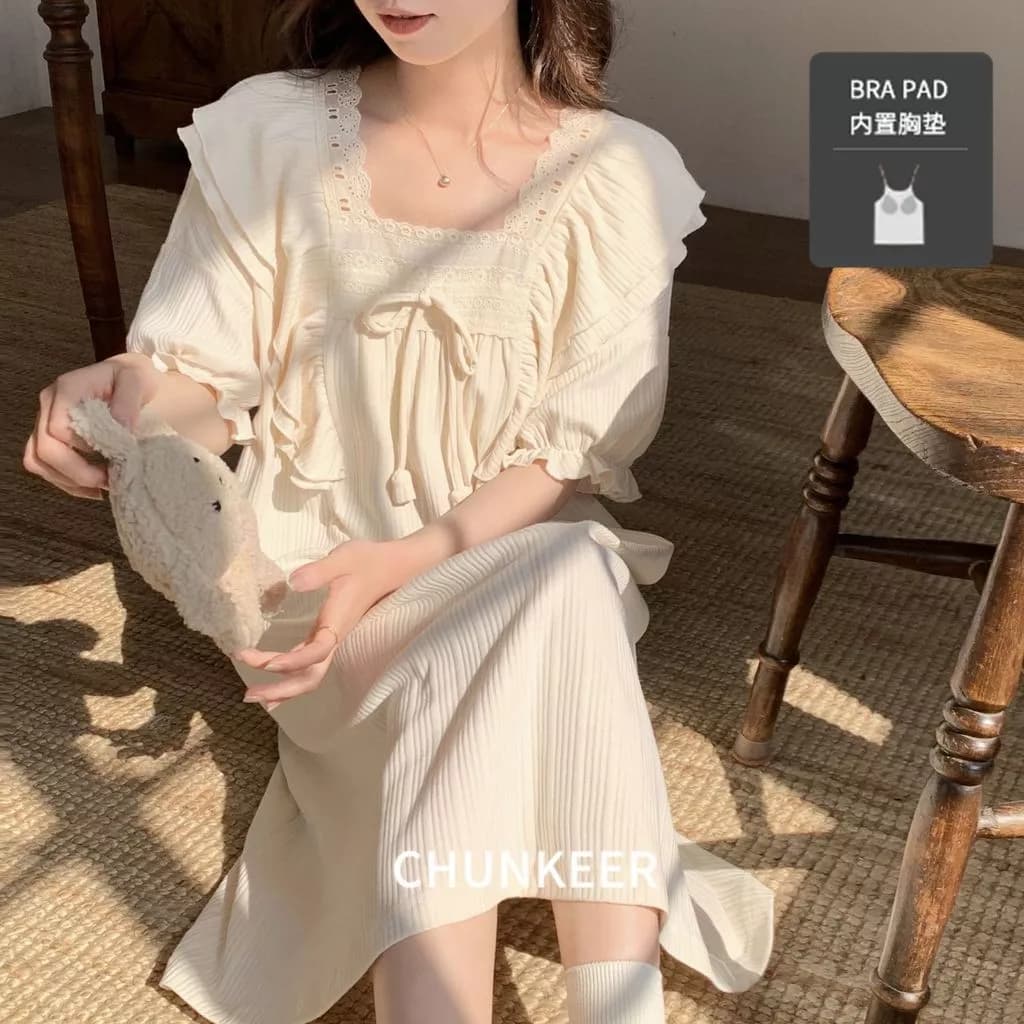 Bộ Đồ Ngủ Có Miếng Lót Ngực Bộ Đồ Ngủ Nữ Nữ Homewear Váy Ngủ Váy Ngắn Tay Dài Cổ Tròn Mỏng Phong Cách Mùa Hè Ngọt Ngào Hoạt Hình Dễ Thương Thoáng Mát Thoải Mái Có Thể Chúng Ta