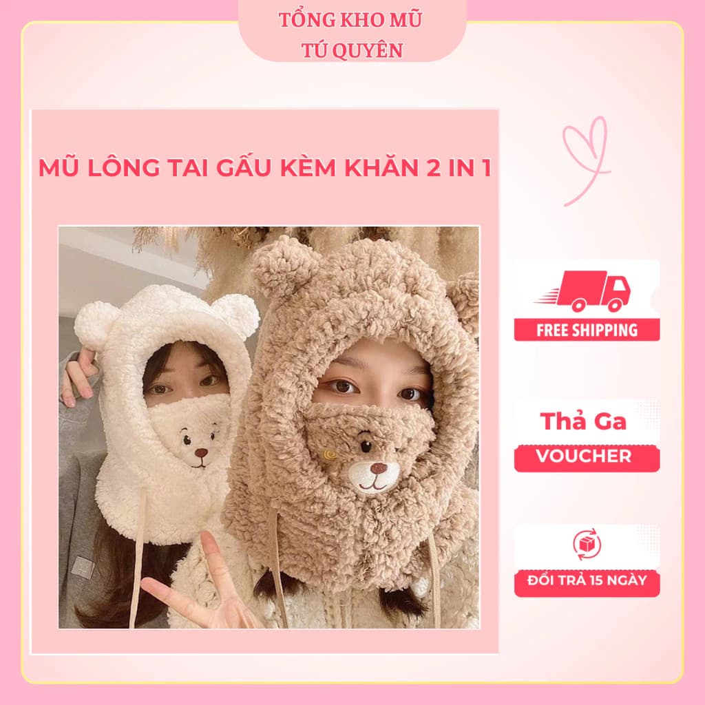 Mũ Lông Tai Gấu Kèm Khăn 2 in 1 Tiện Lợi Cho Mùa Thu Đông 2024-2025 Ấm Áp