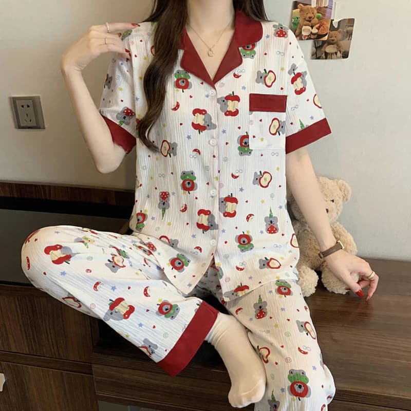 Hoạt Hình Apple Koala Bộ Đồ Ngủ Nữ Mùa Hè Mỏng Thoải Mái Thoáng Khí Homewear Nữ Tay Ngắn Bộ Đồ Ngủ