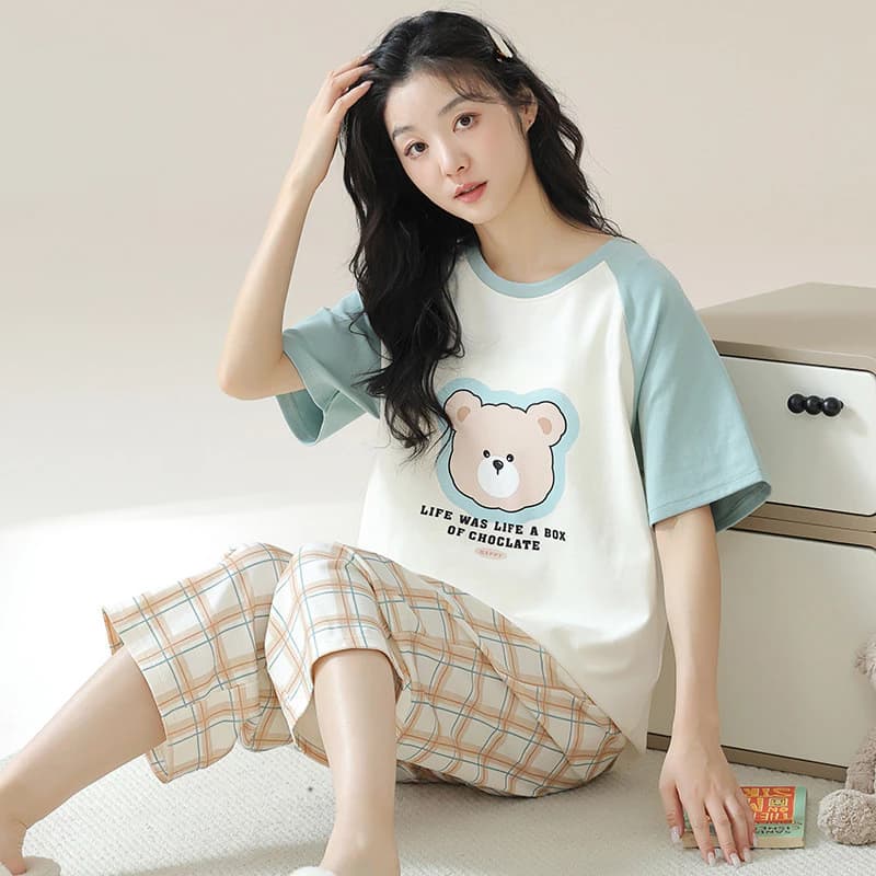 Bộ Đồ Ngủ Nữ Loungewear Cotton Nhẹ Thoải Mái Tốt Có Thể Thở Ngắn Tay Crop Quần Mùa Hè Thoáng Mát Ngọt Ngào Dễ Thương Đơn Giản Rời Kích Thước Lớn Bộ Đồ Ngủ 2 Món