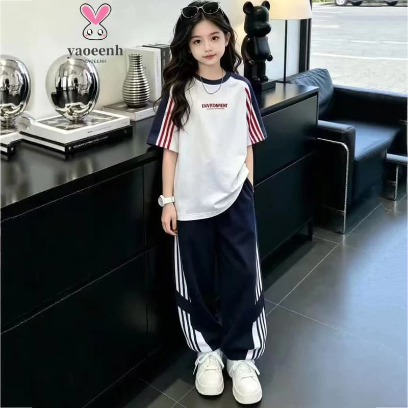 【YAOEENH】120-170CM Vừa Lớn Trẻ Em Thanh Thời Trang Phù Hợp Với Bé Trai Bé Gái In Hình Quần Ngắn Tay Rời Thường Ngày Hai Mảnh Phù Hợp Với Hàng Sẵn Có Vận Chuyển Nhanh