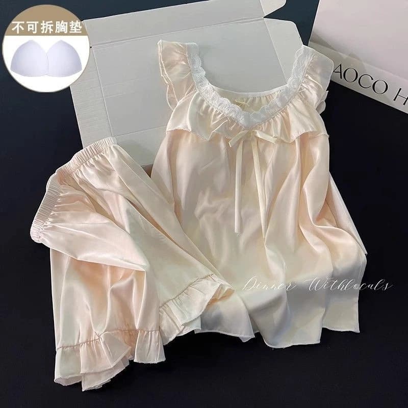[Pre-Order]-Áo hai dây phong cách c ngọt ngào mùa hè,Sweet & Cu quần short, bộ đồ ngủ lụa đá mới cho phụ nữ  CÓ đệm ngực