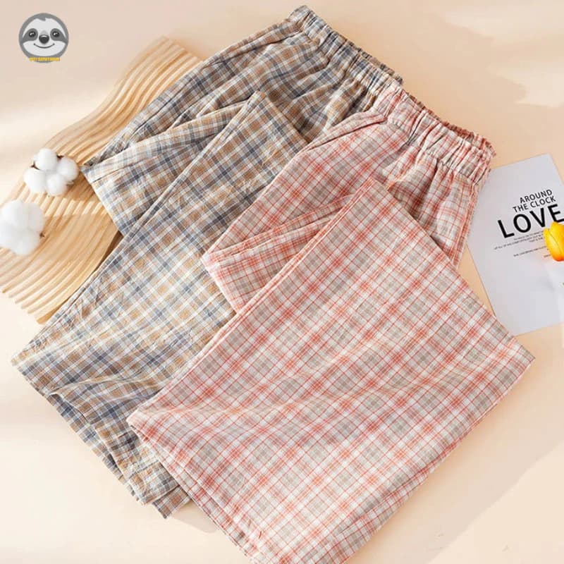 Phong cách Nhật Bản Phong cách Muji / Quần Pyjama Cotton nguyên chất kẻ sọc cặp đôi / Quần dài dáng rộng phong cách mỏng / Quần Pyjama mùa hè có thể mặc bên ngoài