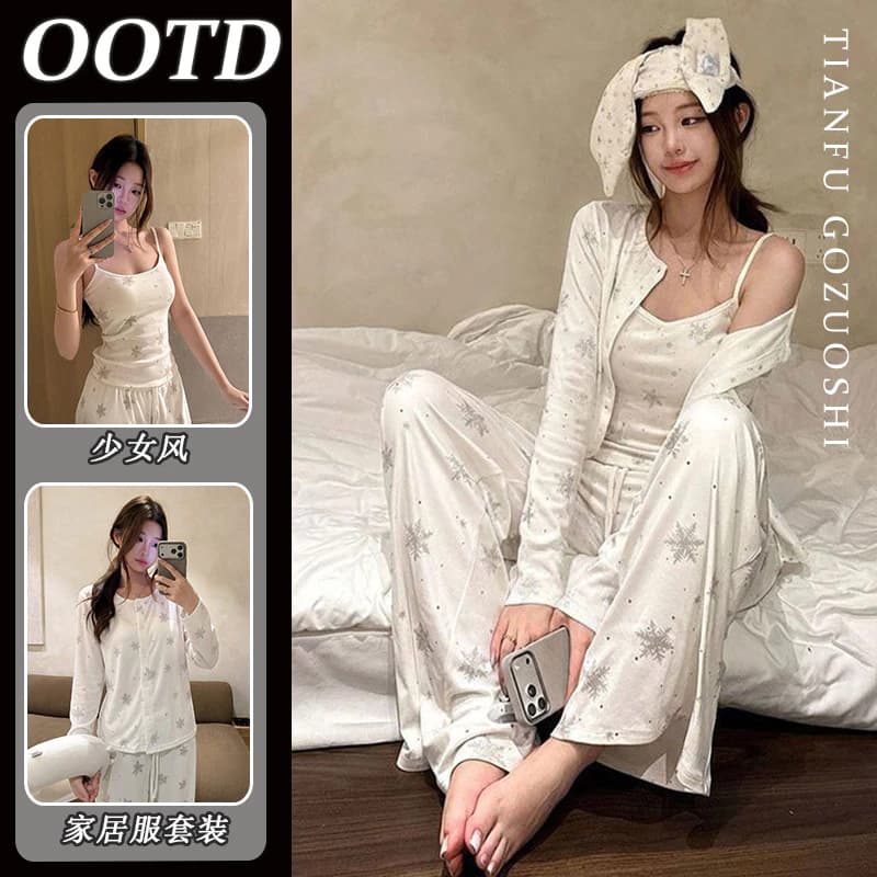 Pháp Giáng Sinh Bông Tuyết Cotton Camisole Pyjama 3 Bộ Nữ Xuân Thu Ngoài Trời Loungewear