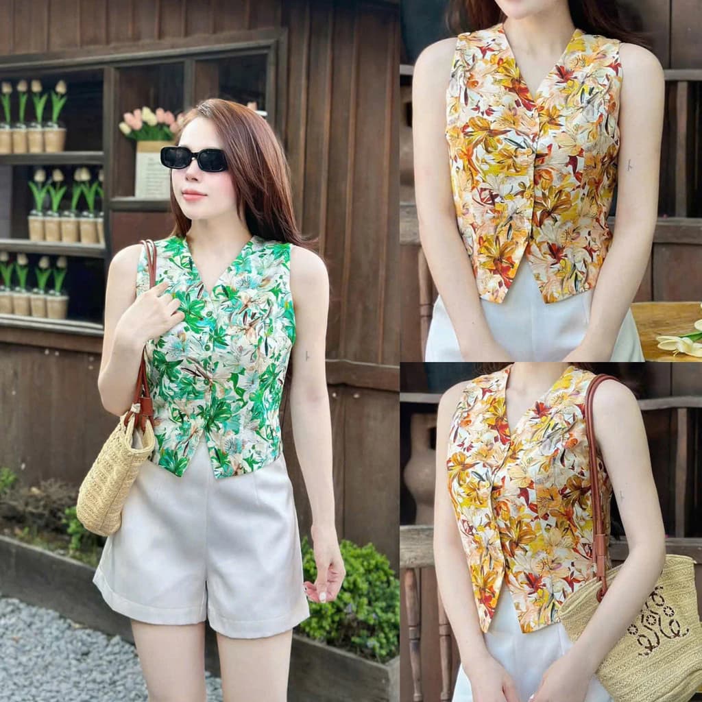 Set Gile Nữ Họa Tiết Hoa Cài Nút Sát Nách Phong Cách Vintage Mặc Đi Chơi Dạo Phố NY NA STORE