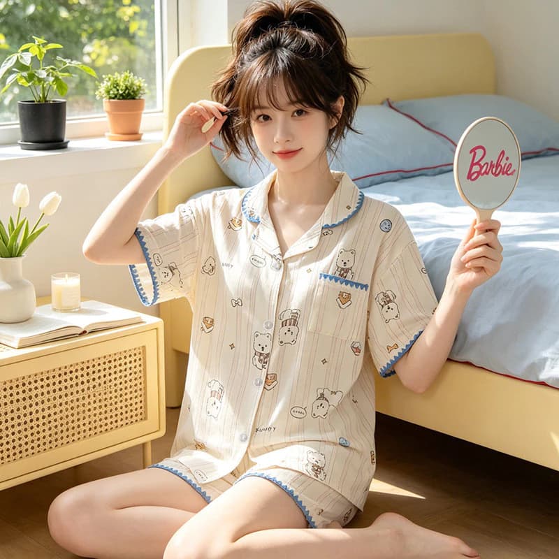 Mềm Mại Dễ Thương Gấu Ngắn Tay Quần Short Bộ Đồ Ngủ Nữ Mây Cotton Mùa Hè Mỏng Hoạt Hình Loungewear Nữ Bộ Đồ Ngủ