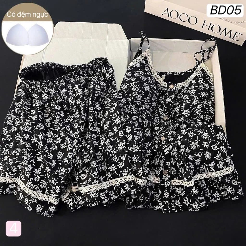 [Pre-Order]-Bộ Đồ Ngủ Nữ 2 Dây Chất Đũi Cotton Loại Đẹp Mềm Mát Có Miếng Lót Ngực Quần Short Hàng chuẩn qc