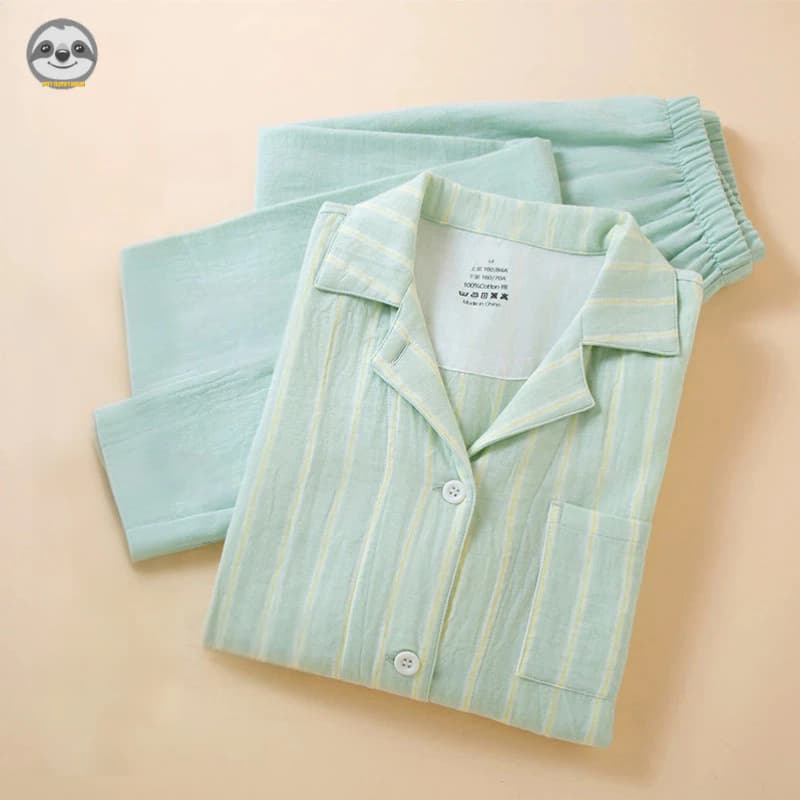 Phong cách Nhật Bản Muji / Quần dài tay bằng sợi đôi dành cho nữ Quần dài sọc / Bộ đồ ngủ Cotton nguyên chất dài tay mùa xuân mùa hè / Phòng chờ thoải mái