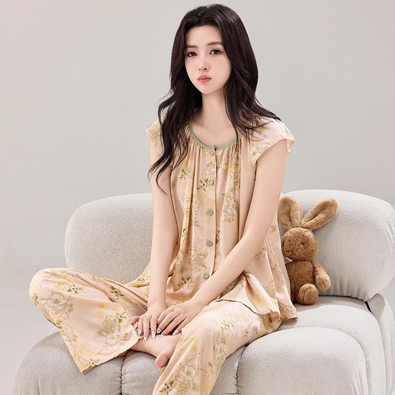 Bộ Đồ Ngủ Nữ Cotton Nhẹ Thoải Mái Tốt Có Thể Thở Ngắn Tay Crop Bộ Đồ Ngủ Bộ 2 Món Có Thể Mặc Ra