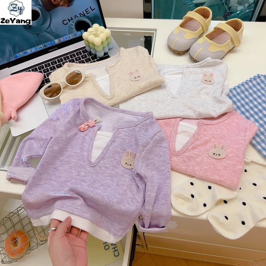 [ZY] 70-160 Hàng có sẵn Áo thun dài tay thông thường dành cho trẻ em Cashmere giả hai mảnh hàng đầu thu đông cho bé Phong cách lười biếng dài T phù hợp hàng đầu Thời trang trẻ em