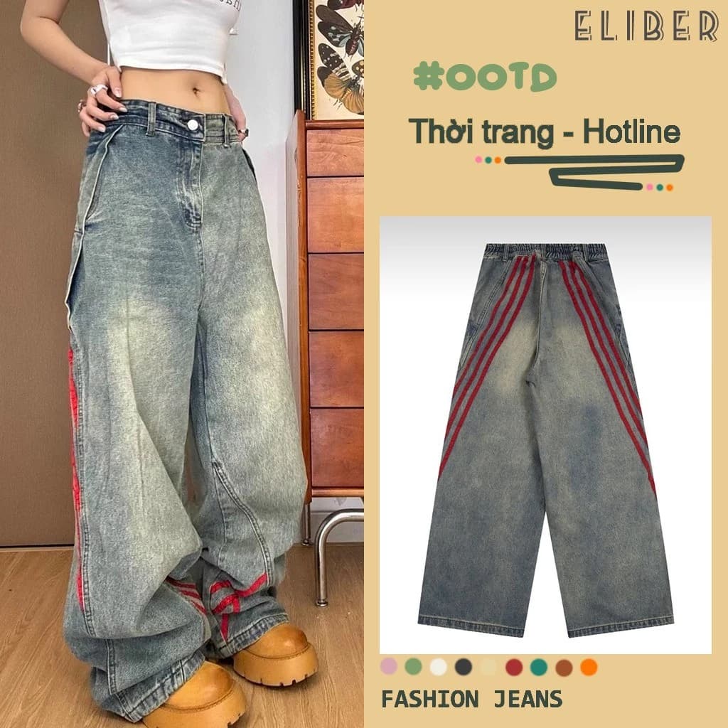 ELIBER- HÀNG SẴN - Quần ỐNg RộNg Ống Đứng Rộng Kiểu Mỹ Nổi Tiếng Instagram Quần Jean Nữ Khâu Sọc