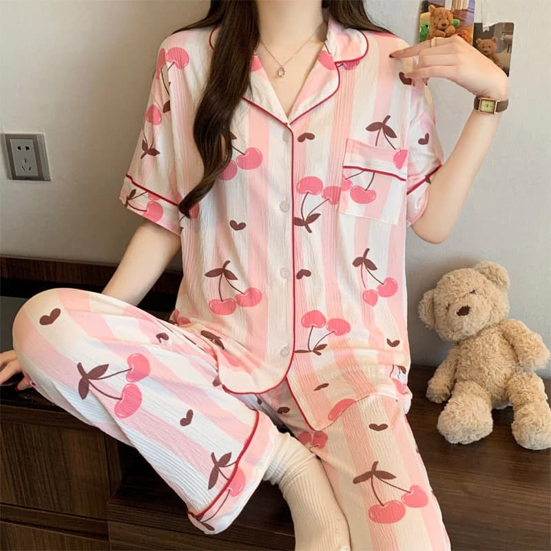 Quần ngắn tay anh đào sọc giá trị cao Bộ đồ ngủ nữ mùa hè mỏng thoải mái hơi thở