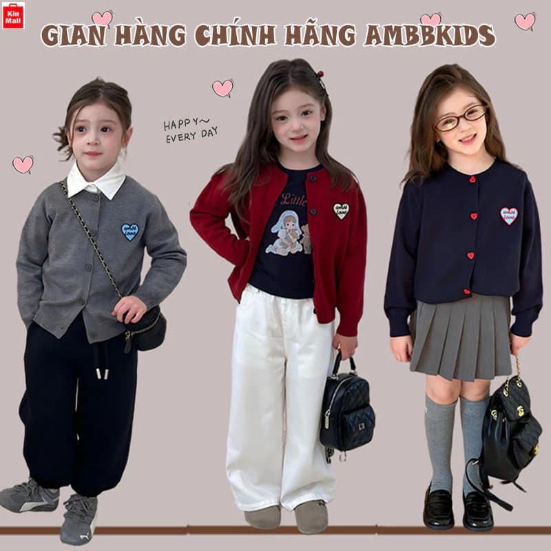 NEW (14-55kg) Áo Len Cardigan Dệt Kim mặc mùa Thu Họa Tiết Trái Tim Siêu Xinh cho bé gái - Chính Hãng Ambbkids