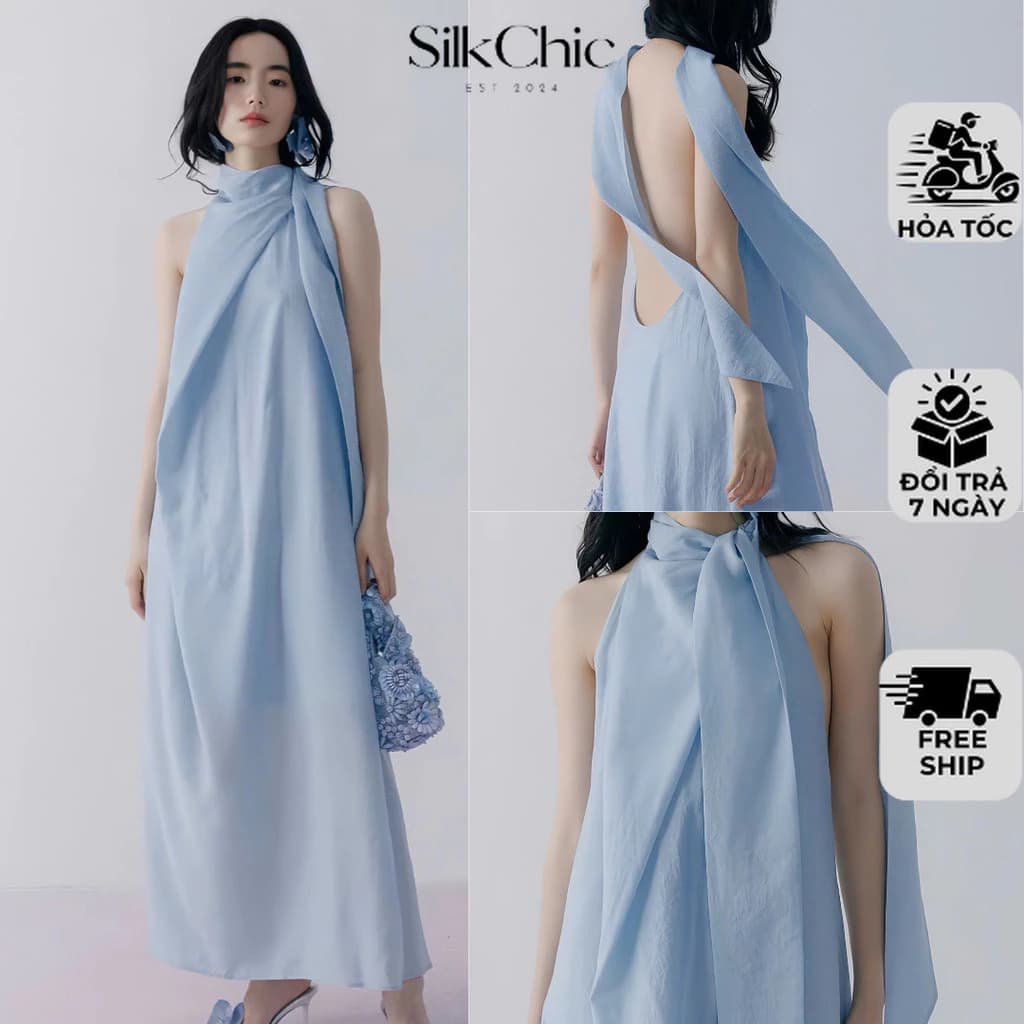 Đầm Dự Tiệc Cổ Yếm Hở Lưng Sang Chảnh Dịp Tết 2026 NV781 Đầm Dáng Dài Phối Cổ Nơ Thanh Lịch