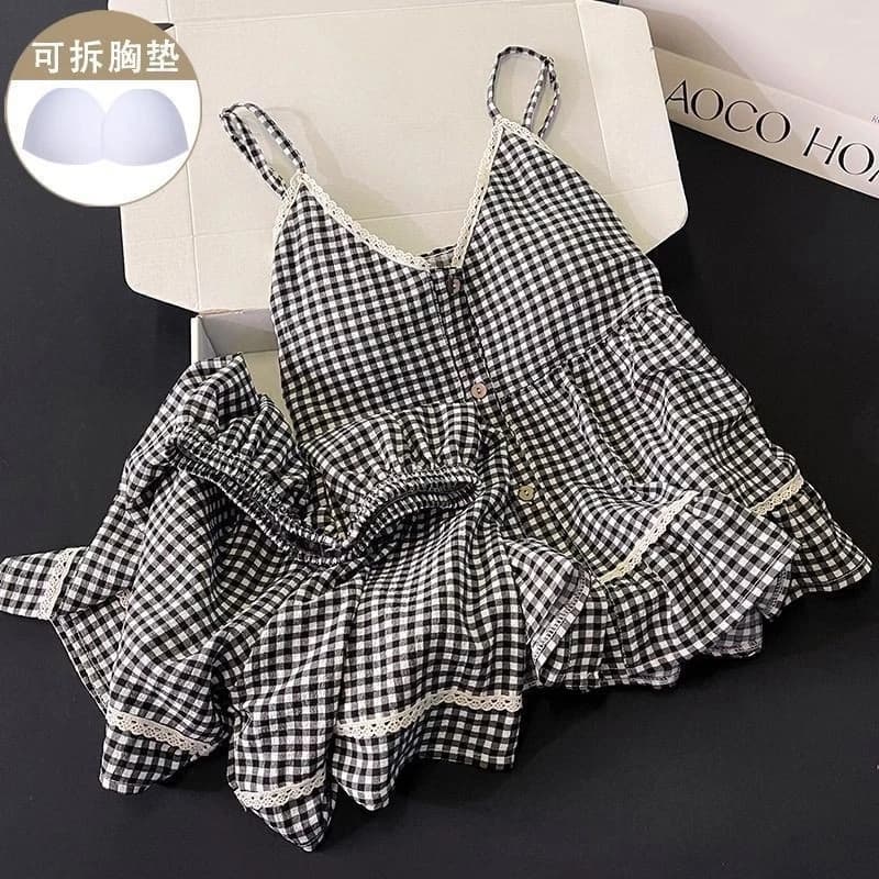 [Pre-Order]-Đen Trắng Kẻ Sọc Ren Sling Phù Hợp Với Bộ Đồ Ngủ Rời Có Miếng Lót Ngực Kích Thước Lớn Có Thể Điều Chỉnh Dây