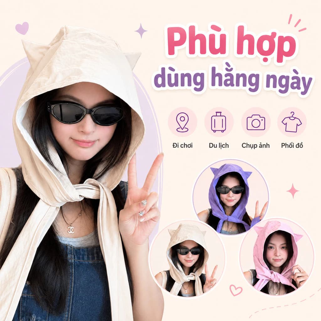 Mũ chống nắng tai mèo – Chất liệu khô nhanh, dây đeo Purple Little Devil, che chắn tốt, phù hợp du lịch