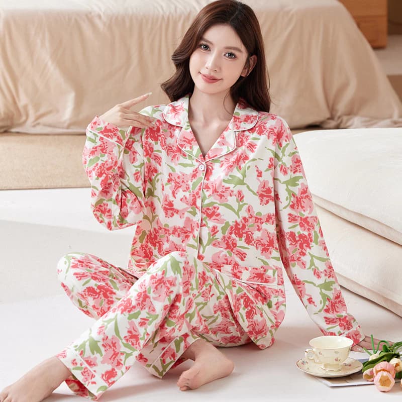 Bộ đồ ngủ dài tay cotton hoa lãng mạn, thanh lịch cho nữ, size từ 40-77.5kg