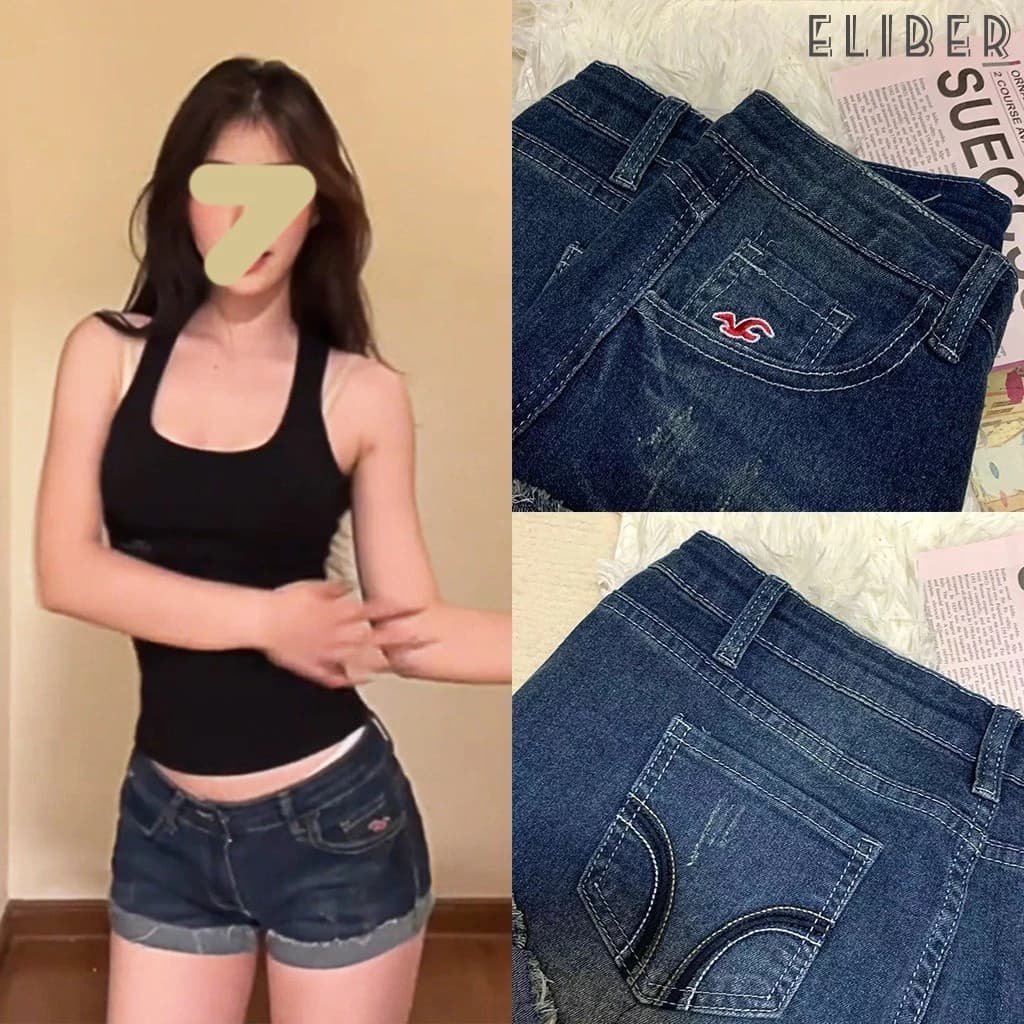 ELIBER- SẴN HÀNG - Quần Short Jeans Nữ Eo Thấp - Phong Cách Y2K Retro Mỹ - Thiết Kế Tôn Dáng Độc Đáo