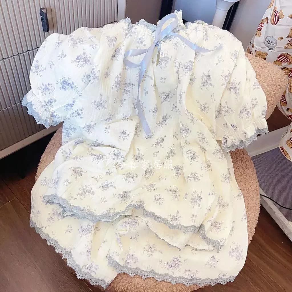 [-Order]-Bộ Đồ Ngủ Nữ Họa Tiết Hoa Ngọt Ngào, Phong Cách Mùa Hè Mới, Viền Ren, Kiểu Nhật, Quần Đùi  chuẩn hàng qc