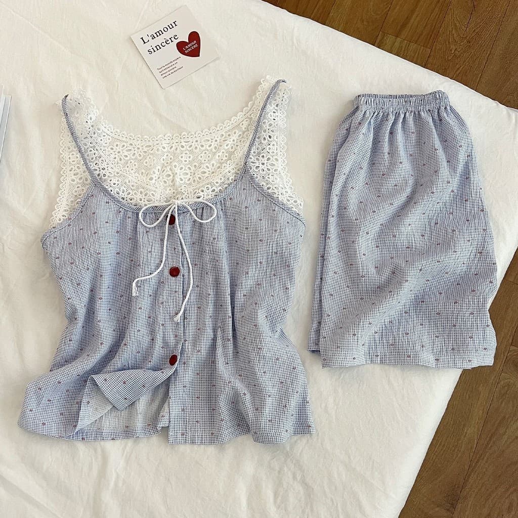 [Pre-Order]-Ngọt Đỏ Chấm Nhỏ Sling Bộ Đồ Ngủ Ren Thoải Mái Thường Ngày Giả Hai Miếng Chuẩn hàng QC