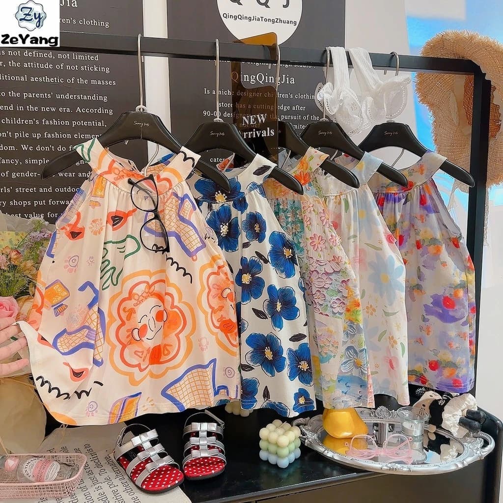 [ZY] 80-150 Hàng có sẵn Váy dây lụa Cotton cho trẻ em Váy thường ngày Váy công chúa hoa không tay phù hợp cho bé Quần áo trẻ em thời trang Vận chuyển nhanh