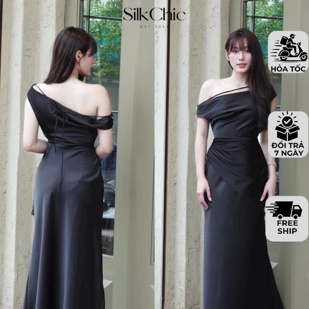 Đầm Lụa Dự Tiệc Lệch Trễ Vai Nữ NV777 Phong Cách Nhẹ Nhàng Dáng Ôm Dài Khoe Đường Cong Sang Chảnh