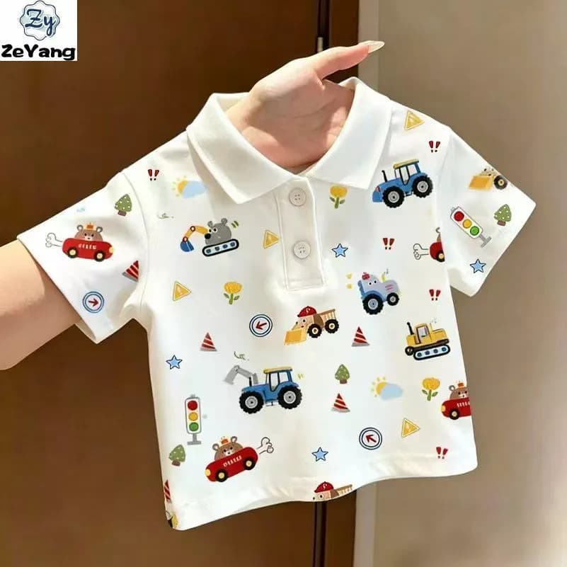 [ZY] 70-140 Hàng có sẵn Áo sơ mi POLO Cotton nguyên chất dành cho trẻ em Áo thun ngắn tay thông thường cho bé Áo sơ mi đáy in đầy đủ Ve áo tất cả các trận đấu Quần áo trẻ em thời trang Vận chuyển nhanh