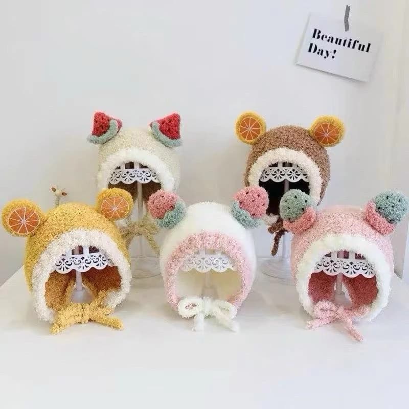 Mũ len cừu Len Trùm đầu Cho Bé Hình Hoa Quả Có Dây Buộc 6-36 Tháng