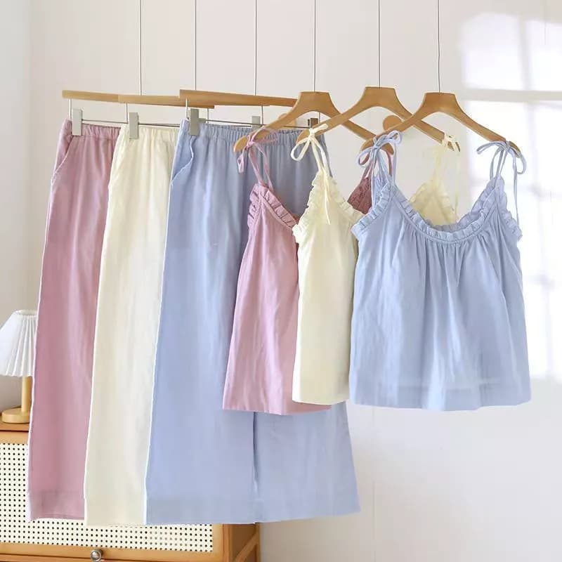 [Pre-Order]-Bộ đồ ngủ phong cách Hàn Quốc, kiểu ins, two pice có đệm ngực, áo hai dây và quần dài, đơn giản và rộng rãi