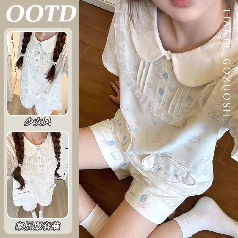 Bộ đồ ngủ Cotton nguyên chất mùa hè dành cho nữ Bộ ngắn cổ búp bê dễ thương dành cho họa tiết nhỏ
