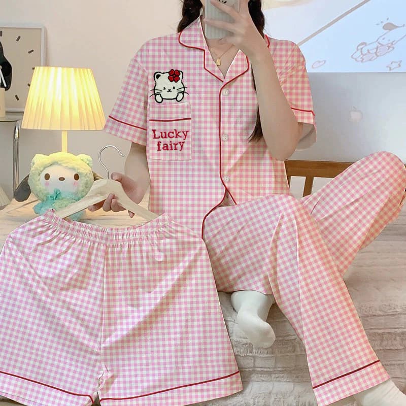 Bộ đồ ngủ hoạt hình thêu phong cách Nhật Bản, ba mảnh tay ngắn, phù hợp size 40-75kg
