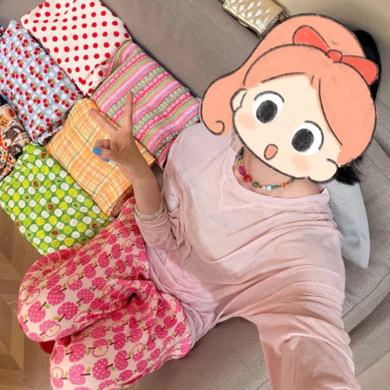 [Quần bobo] Sợi nhăn hai lớp phong cách bốn mùa dáng rộng có thể mặc bên ngoài Quần Pyjama gia đình
