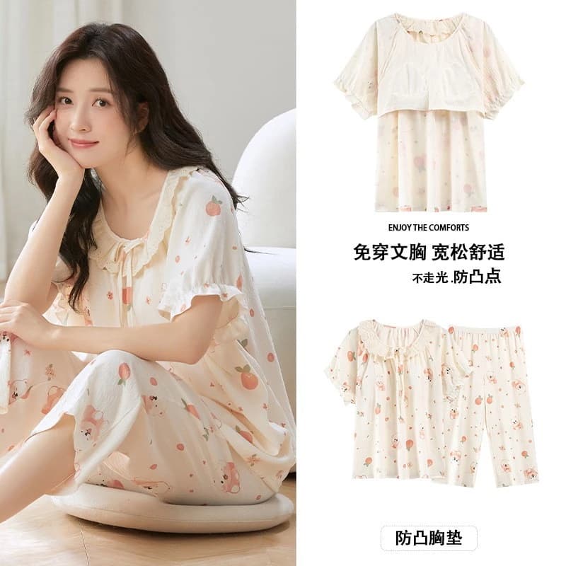 Có Miếng Lót Ngực Bộ Đồ Ngủ Nữ Homewear Cloud Cotton Nhẹ Thoải Mái Có Thể Thở Tốt Quần Crop Tay Ngắn Mùa Hè Thoáng Mát Ngọt Ngào Dễ Thương Đơn Giản Rời Bộ Đồ Ngủ Kích Thước Lớn Bộ 2 Món Áo Ngực Không Gọn