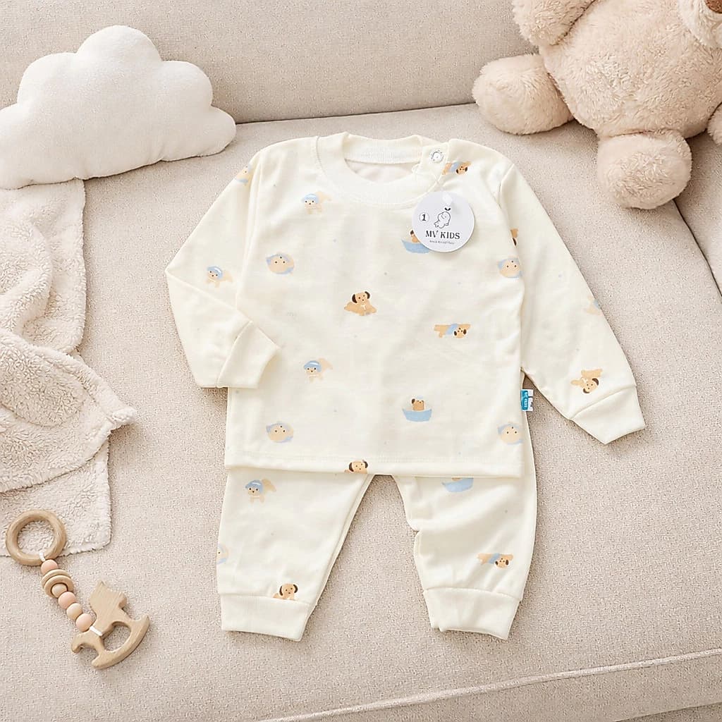 Bộ nỉ dài tay Boonhouse chất nỉ cotton ấm áp bộ quần áo nền kem in họa tiết cho cả bé trai bé gái