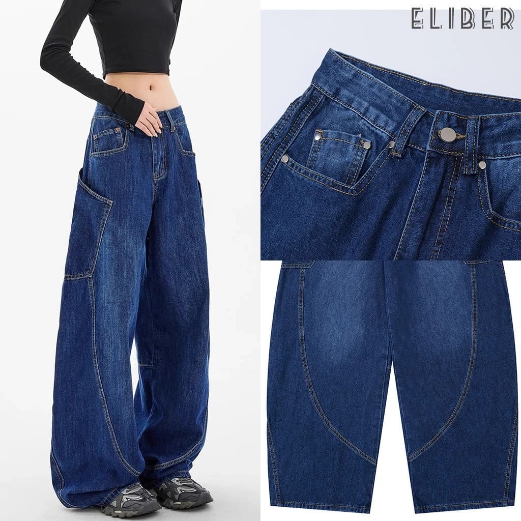 ELIBER- SẴN HÀNG - Quần Jeans Nữ Ống Loe Cong Xanh Dương - Túi Hộp Phong Cách Retro Mỹ - Eo Cao Suông Rộng Dáng Rủ