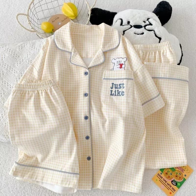 [-Order]-Bộ Đồ Ngủ Thêu Hình Chó Caro Vàng Dành Cho Nữ, Gồm Áo Ngắn Tay, Quần Short Và Quần Dài, Bộ Ba Món Mặc Nhà