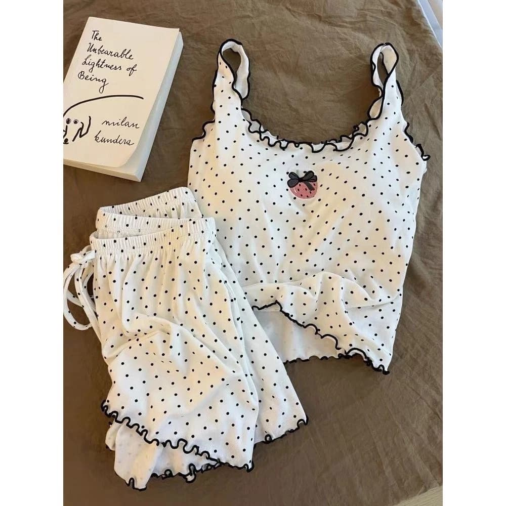 [Pre-Order]-Bộ Đồ Ngủ Nữ Chấm Bi, Áo Quần Short, Thân Thiện Với Làn Da Hàng chuẩn QC
