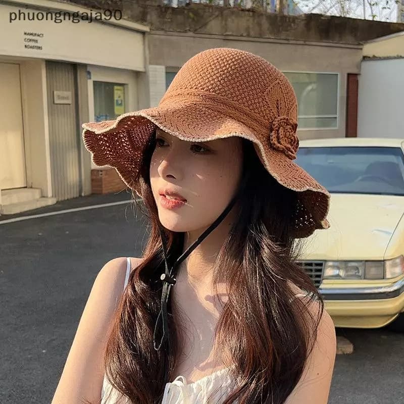 Ngọt ngào rơm Sun hat Big Brim pháp phong cách dệt kim xô hat Visor cap tính khí mặt trời bảo vệ cap mùa xuân mùa hè