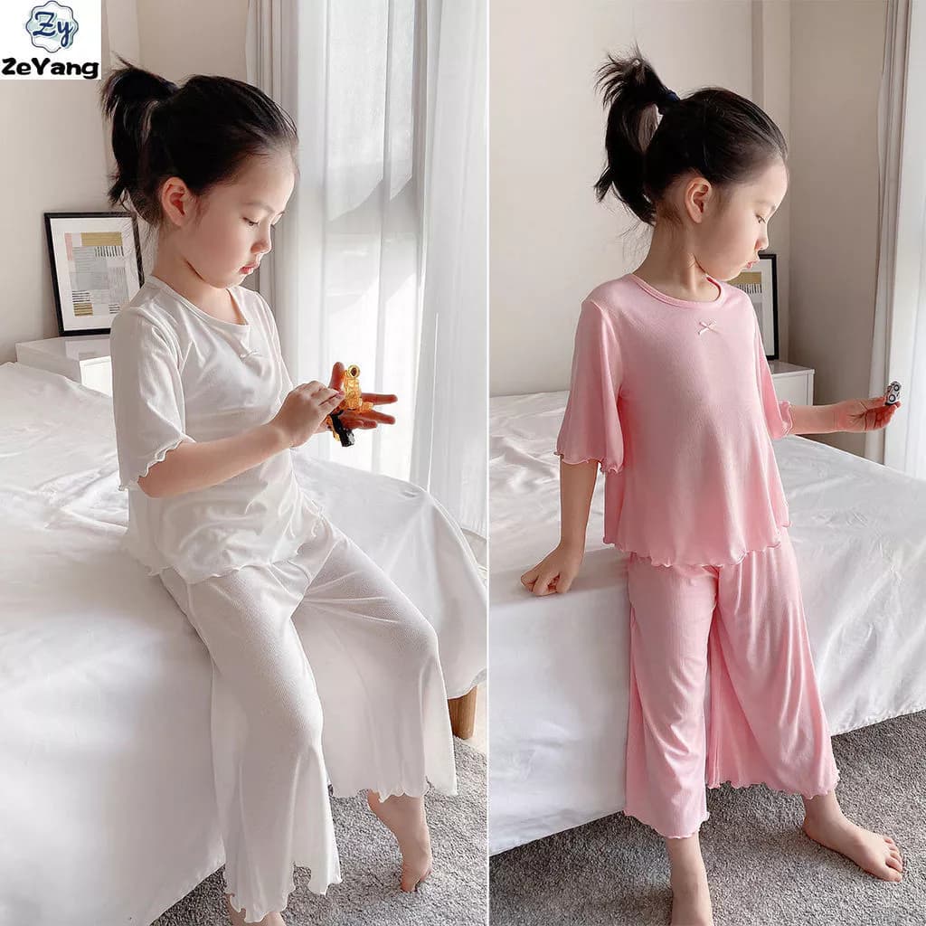 [ZY] 80-160 Hàng có sẵn Bộ áo thun ngắn tay Modal dành cho trẻ em Ice Silk Quần áo gia đình Bộ đồ ngủ thông thường cho bé Quần áo trẻ em Vận chuyển nhanh