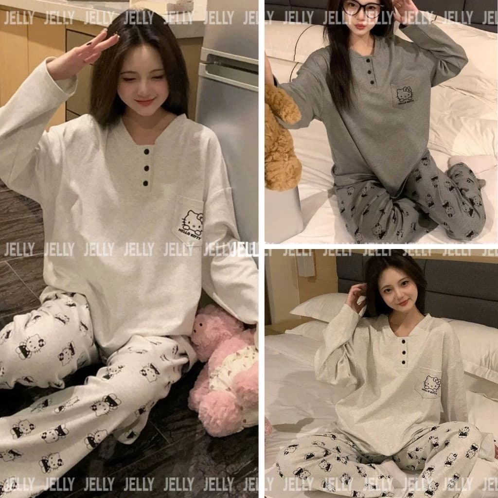 Set Bộ Nỉ Nữ Hello Kitty Thu Đông – Áo Nỉ Cổ Tròn Cúc Trước Kèm Quần Dáng Suông Dày Dặn Dễ Thương