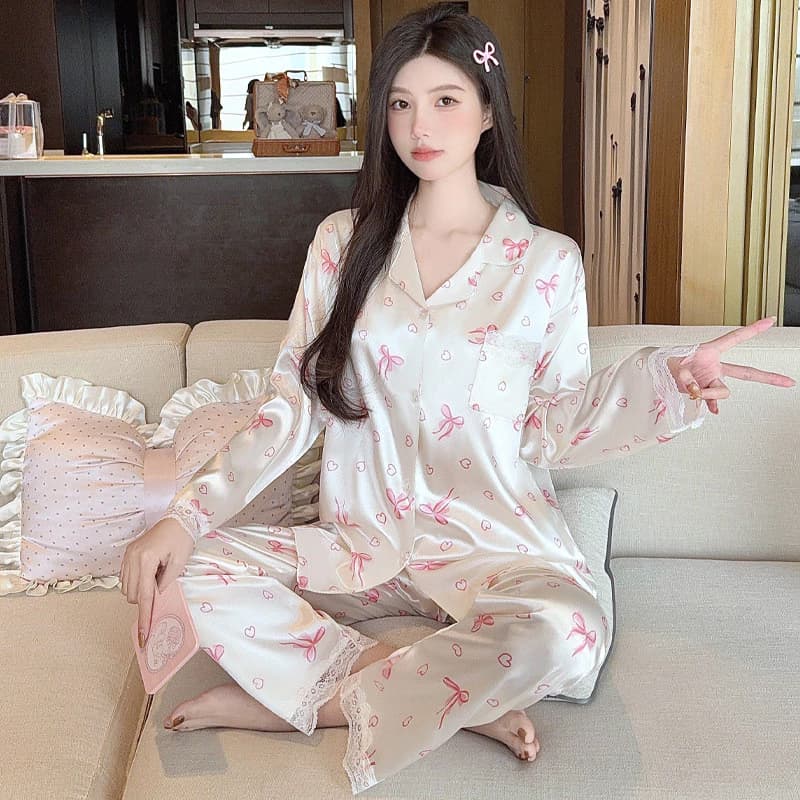 Nơ Jacquard Quần Dài Tay Bộ Đồ Ngủ Nữ Nguyên Chất Desire Phong Cách Ice Silk Thoải Mái Homewear