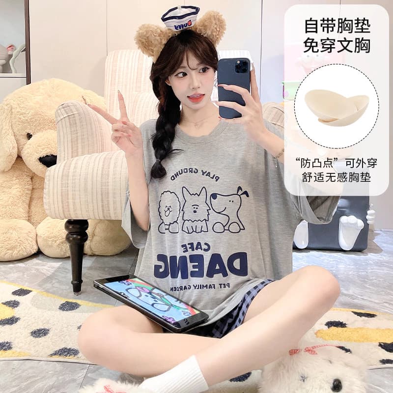 Đồ Ngủ Nữ Modal Hoạt Hình Quần Short Tay Ngắn Pyjama Bộ Đệm Mùa Hè Loungewear