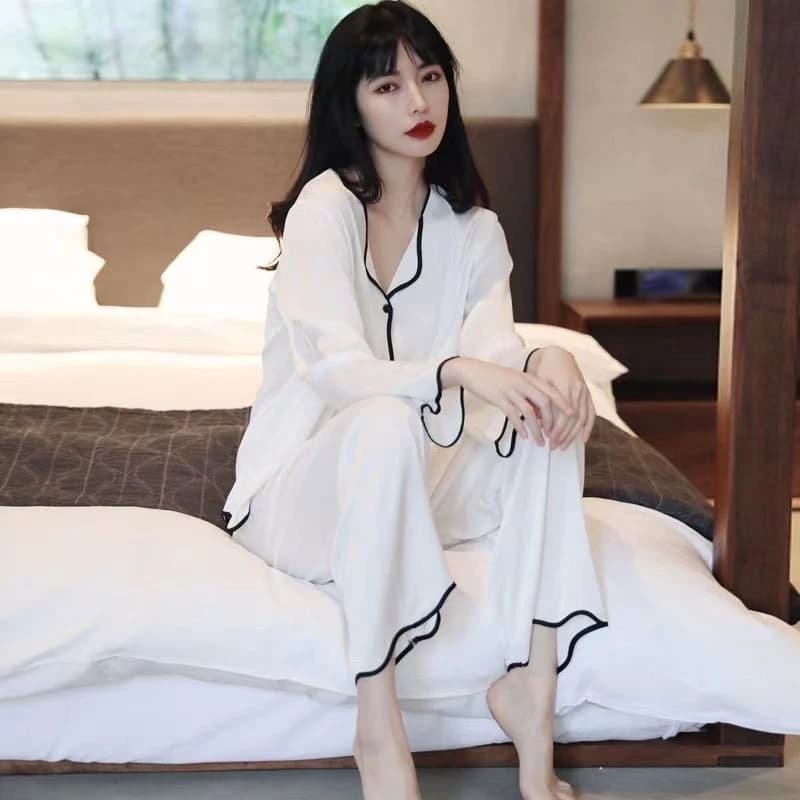 Quần dài tay đơn giản màu trơn, bộ đồ ngủ nữ tiện lợi để mặc ở nhà hoặc ra ngoài