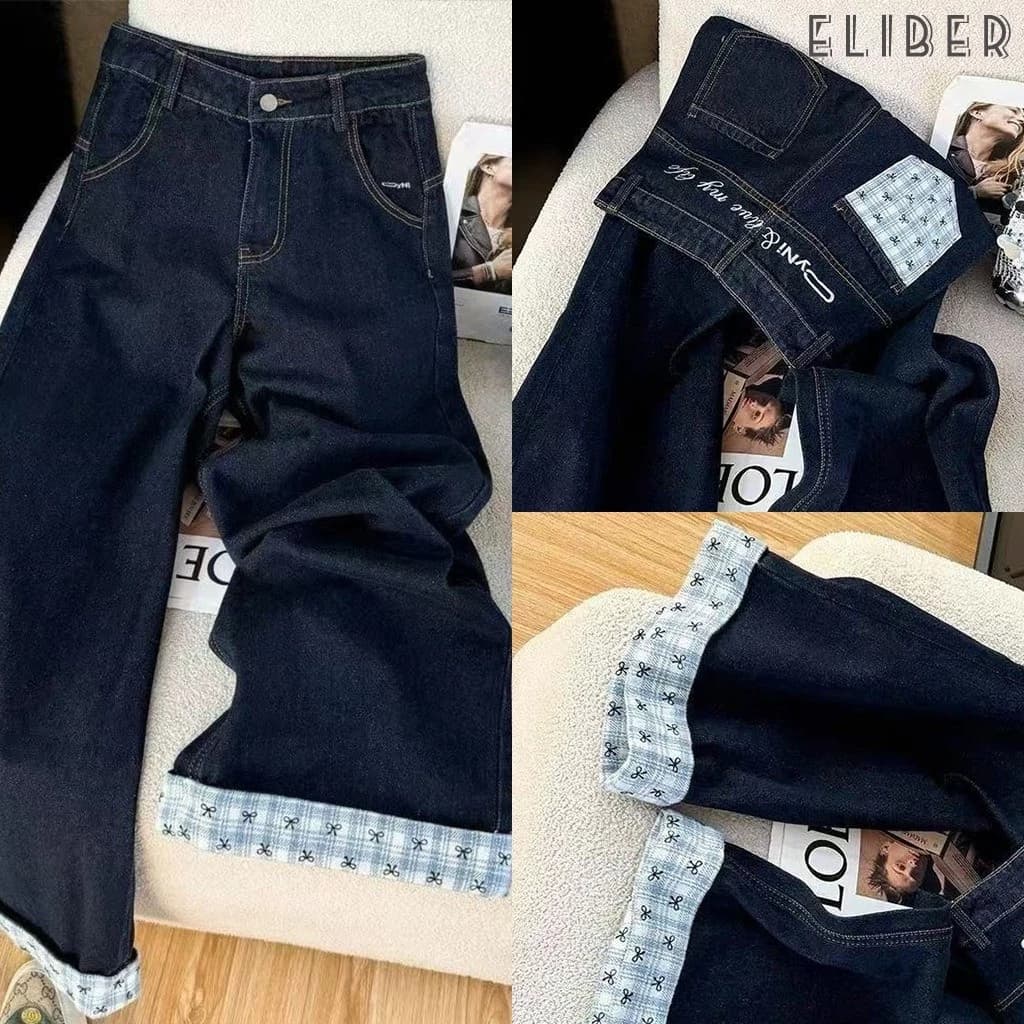 ELIBER- Quần Jeans Nữ Ống Rộng Dài Ghép Kẻ Caro & Nơ Retro Mỹ Thiết Kế Độc Quyền Phóng Khoáng