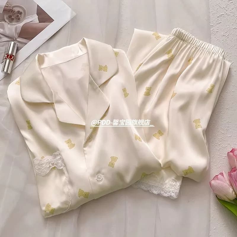 [-Order]-Bộ đồ ngủ nữ dành cho mùa xuân, thu và hè, tay ngắn, quần dài, thiết kế hình gấu dễ thương -chuẩn hàng QC